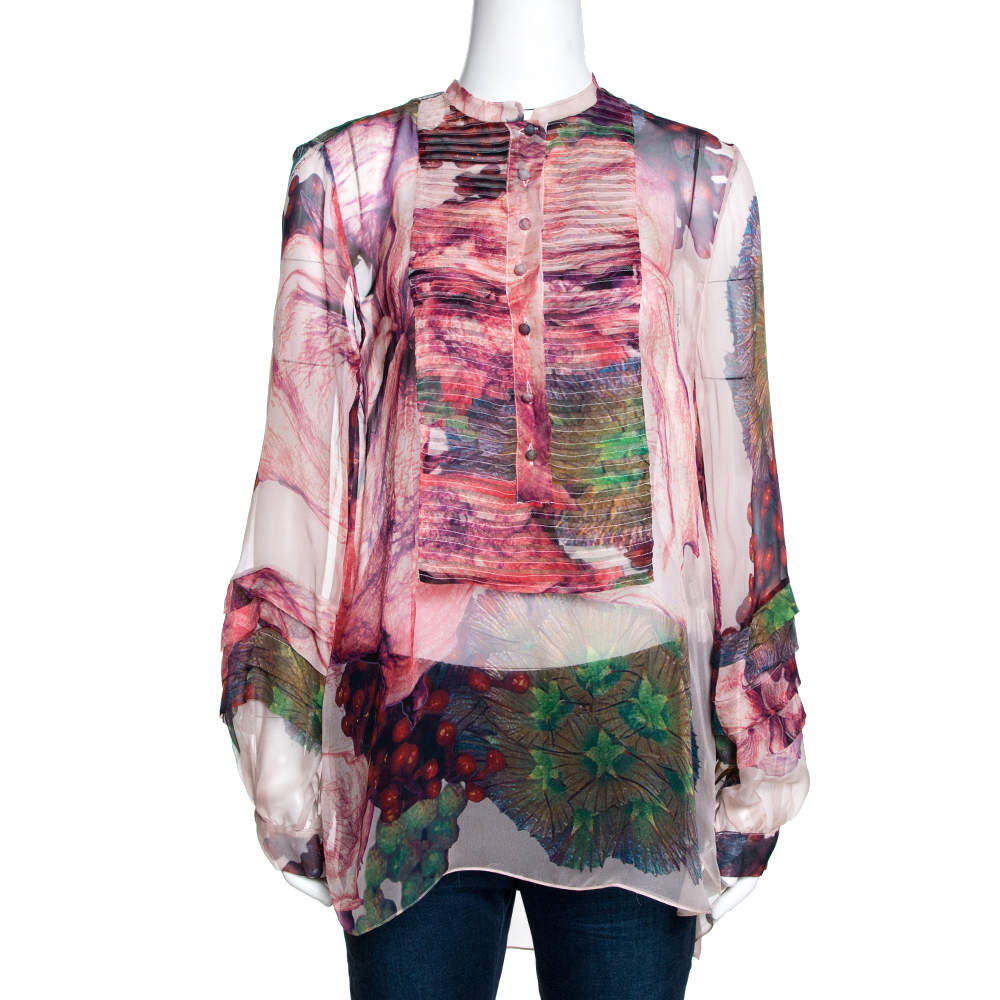 مملوكة مسبقًا Roberto Cavalli Pale Pink Printed Silk Pleated Sheer Blouse M