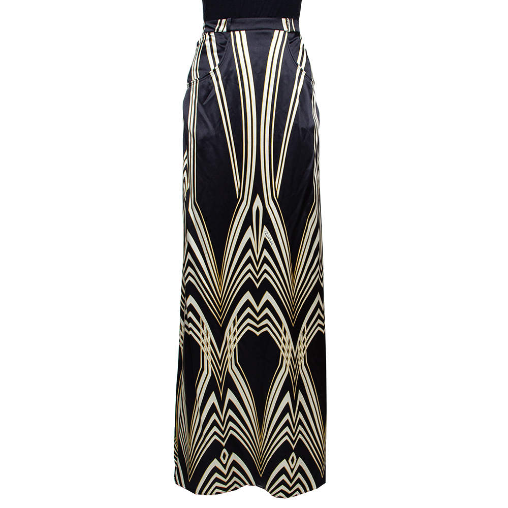 Pre Owned Roberto Cavalli Black Optical Print Silk Satin Maxi Skirt L