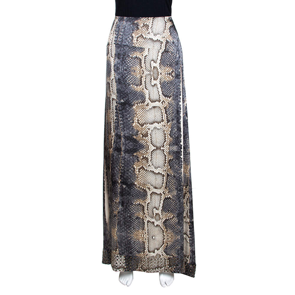 مملوكة مسبقًا Roberto Cavalli Grey Snake Print Silk Stud Embellished Maxi Skirt L