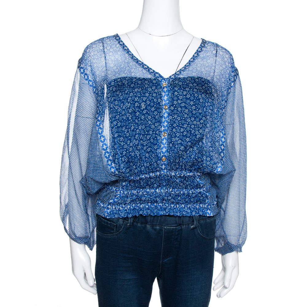 Pre Owned بلوزة قفطان روبرتو كافالي حرير شفاف مطبوع أزرق مورد مقاس متوس ط (ميديوم)