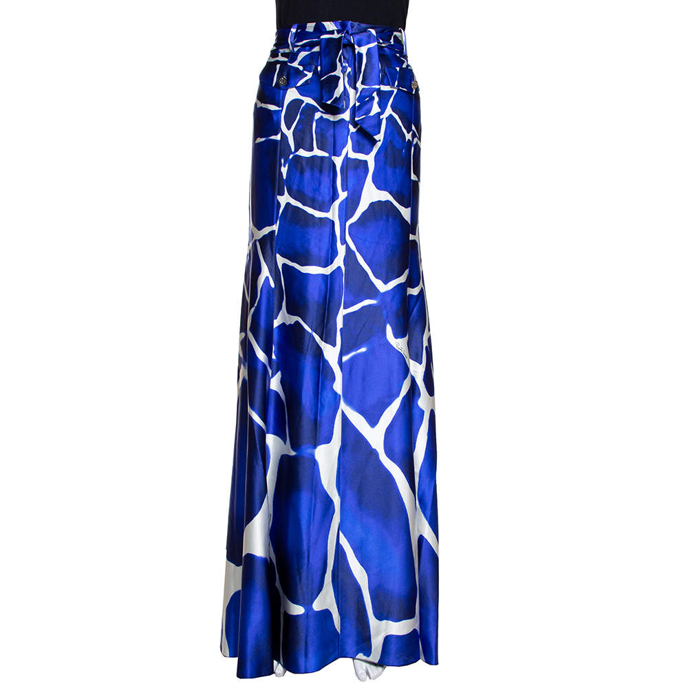 Roberto Cavalli Blue Gaia Printed Silk Flared Maxi Skirt L 