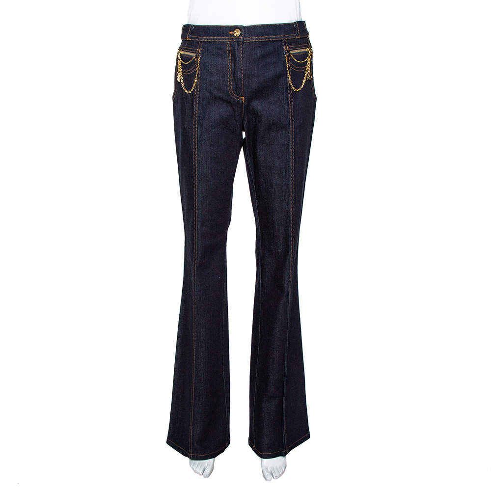 مملوكة مسبقًا Roberto Cavalli Indigo Denim Chain Detail Flared Jeans M