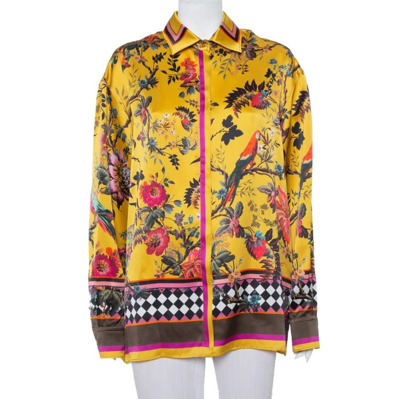 Roberto Cavalli Yellow Tropical Printed Silk Button Front Shirt XL