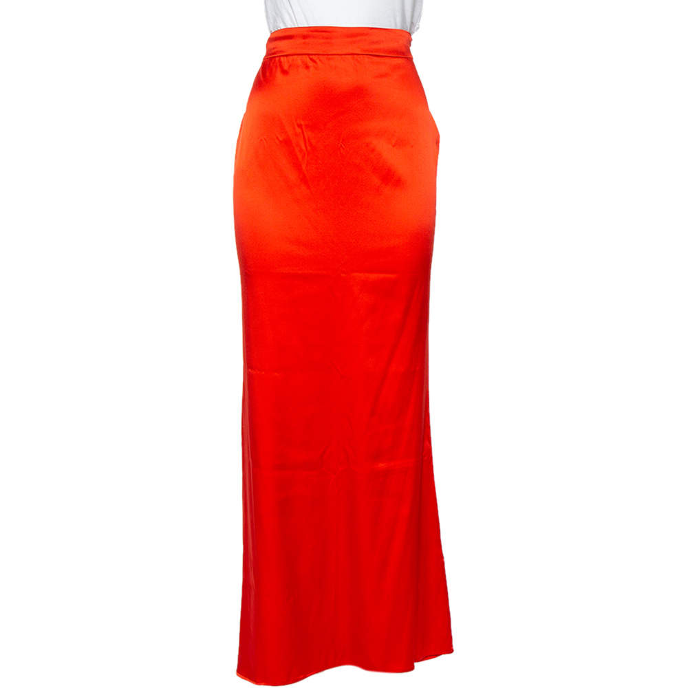 Pre Owned تنورة روبرتو كافالي ماكسي ساتان حرير برتقالي مقاس متوسط