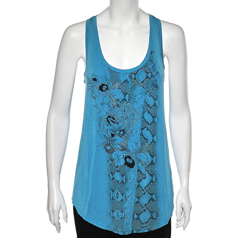 Pre Owned Roberto Cavalli Gym Blue Printed Jersey Tank Top S