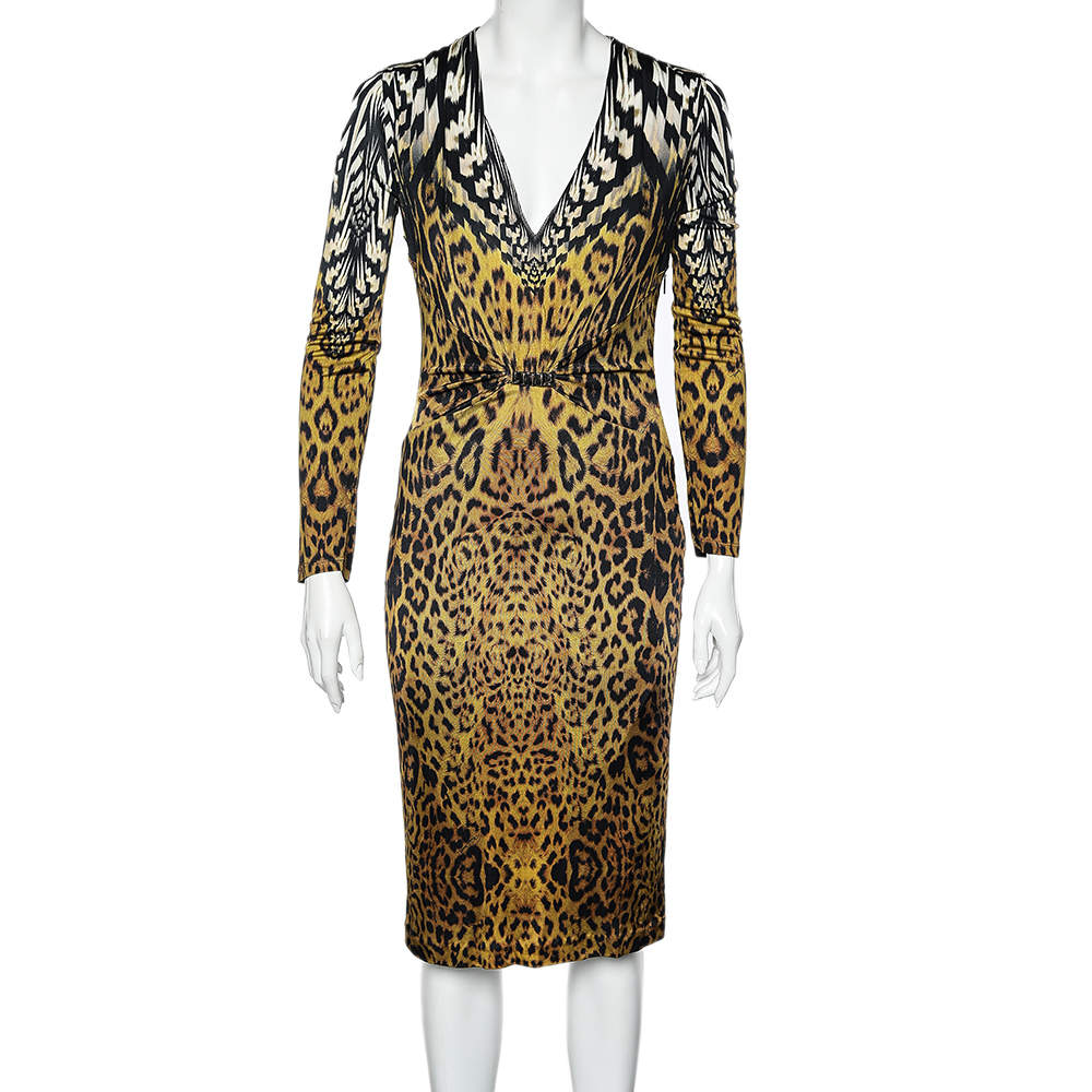 Pre Owned فستان روبرتو كافالي جيرسيه طباعة فهد أسود مقاس متوسط