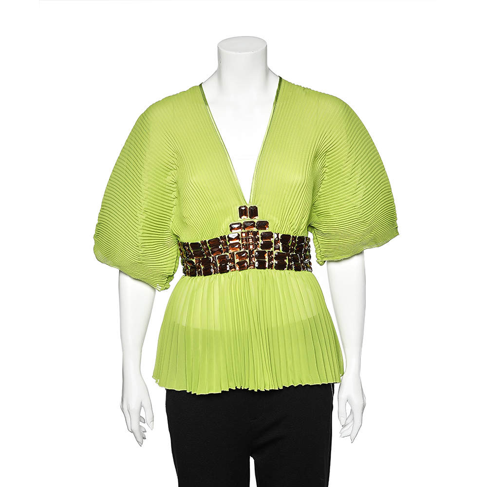 Pre Owned Roberto Cavalli Green Plisse Georgette Embellished Kaftan Top M