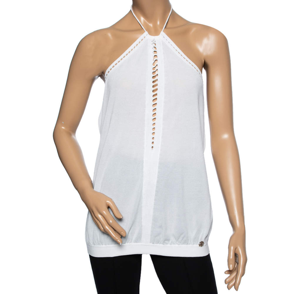 Pre Owned Roberto Cavalli White Synthetic Halter Neck Tie Sleeveless Top M