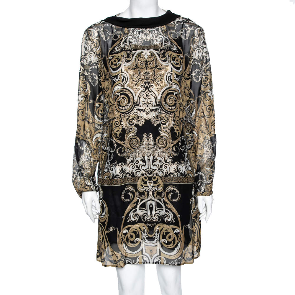 Pre Owned Roberto Cavalli Black Metallic Printed Silk Long Sleeve Dress M