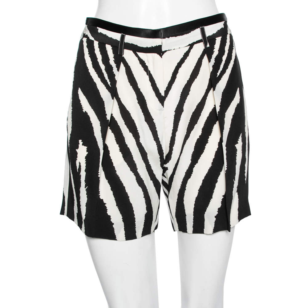Pre Owned Roberto Cavalli  White and Black Zebra Printed Pleated Silk Shorts M