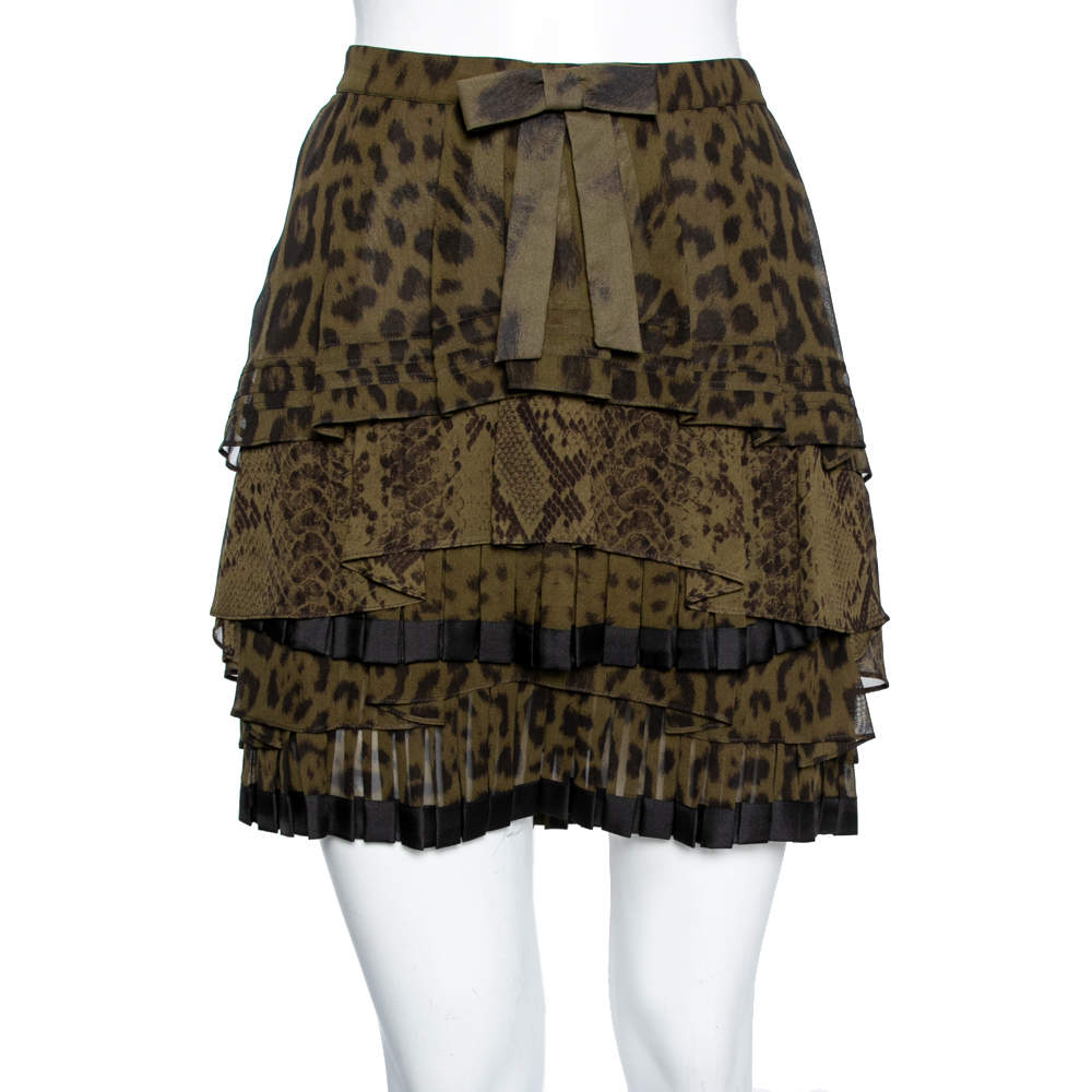 مملوكة مسبقًا Roberto Cavalli Green Animal Printed Pleated Silk Tiered Mini Skirt M
