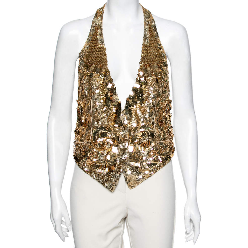 مملوكة مسبقًا Roberto Cavalli Gold Patterned Sequin Embellished Silk Halter Neck Vest M