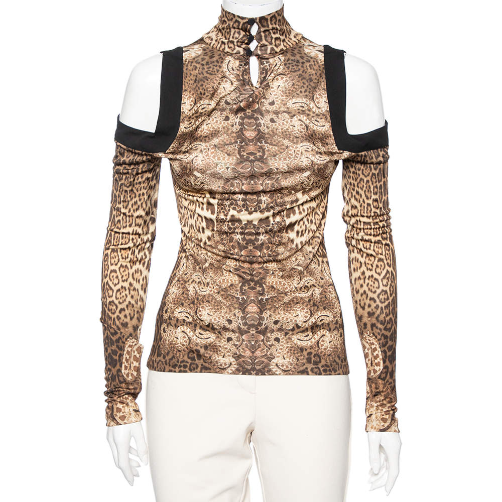Pre Owned Roberto Cavalli Brown Animal Print Jersey Cold Shoulder Top M 