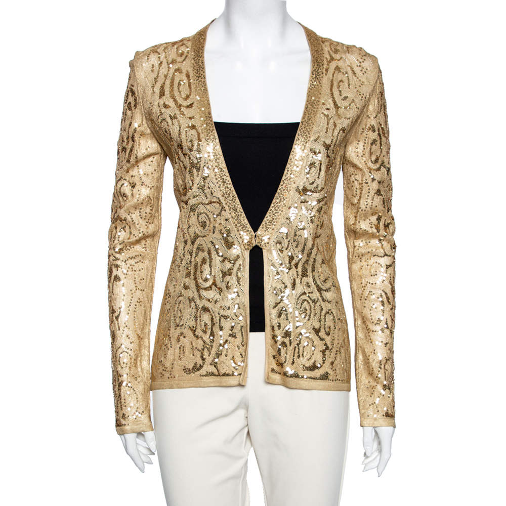 Roberto Cavalli Gold Sequin Embellished Knit Shrug M