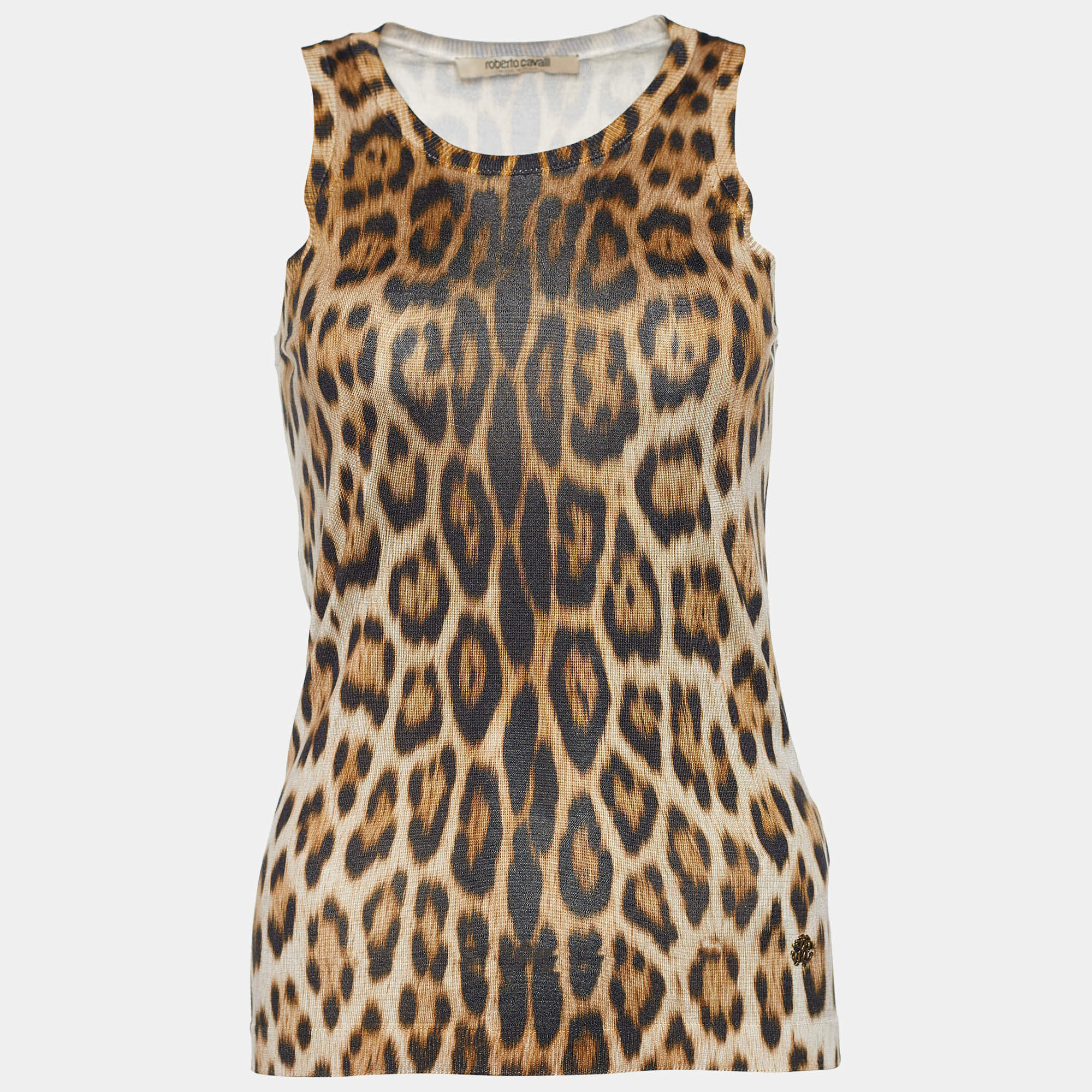 Roberto Cavalli Brown Leopard Print Knit Tank Top S