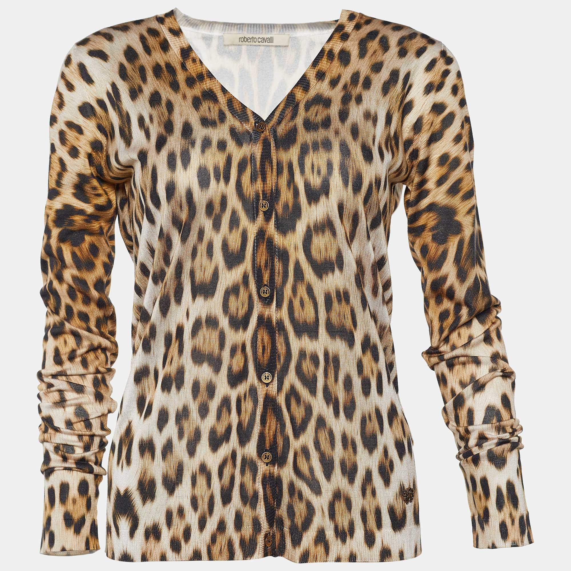 Pre Owned Roberto Cavalli Brown Silk Leopard Print Cardigan S