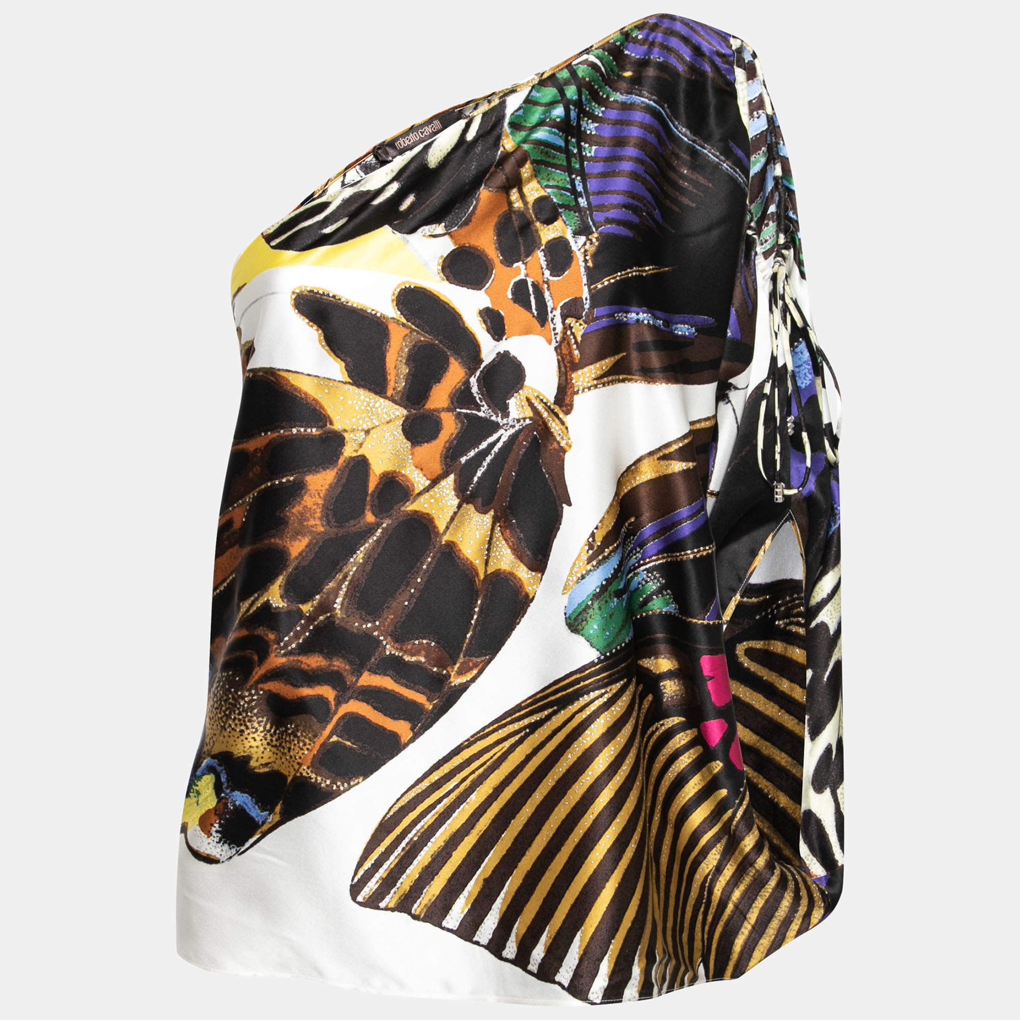 مملوكة مسبقًا Roberto Cavalli Multicolor Abstract Butterfly Print Silk One Shoulder Blouse L