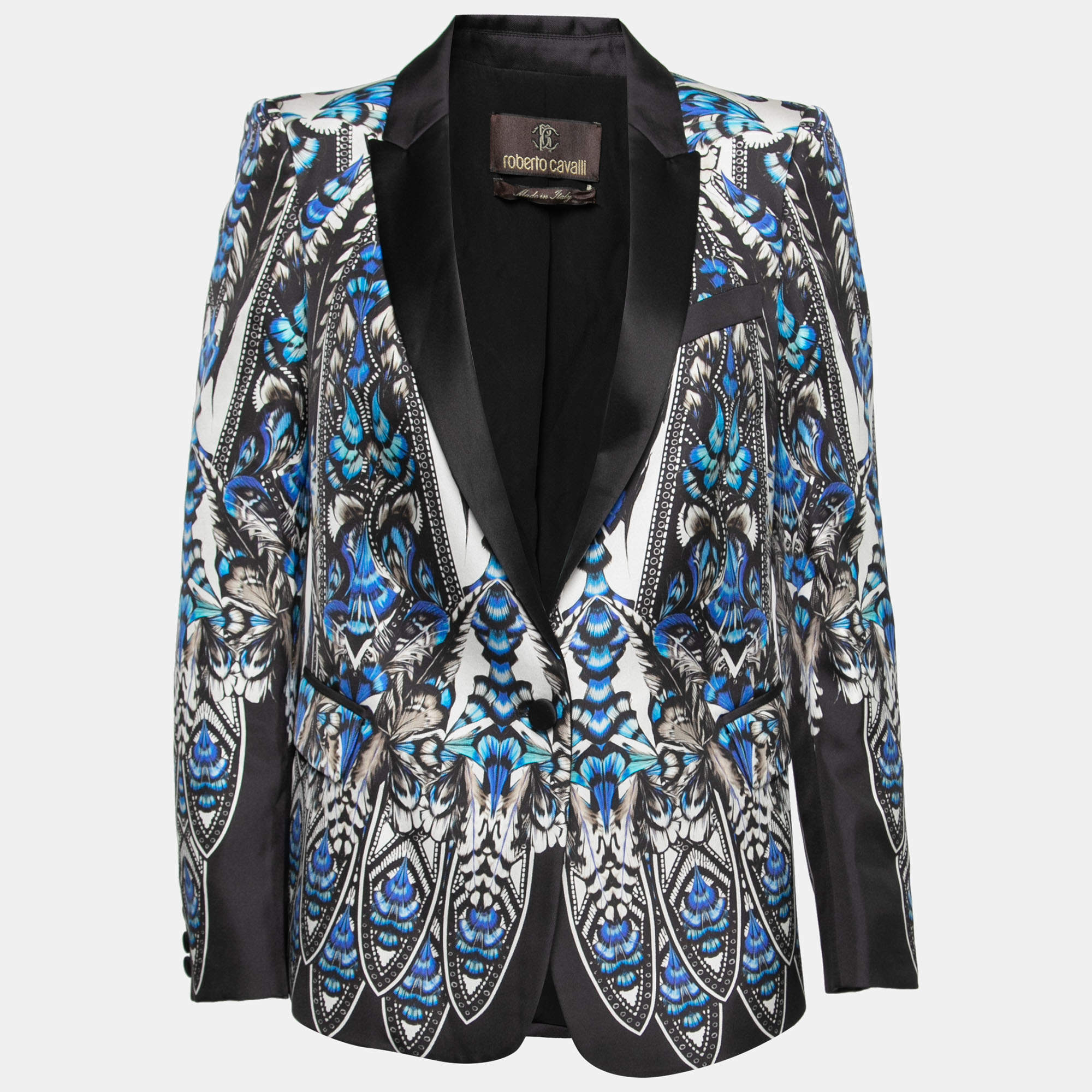 Pre Owned جاكيت بليزر روبرتو كافالي تويل حرير مطبوع أزرق صدرية واحدة مقاس متوسط (ميديوم)