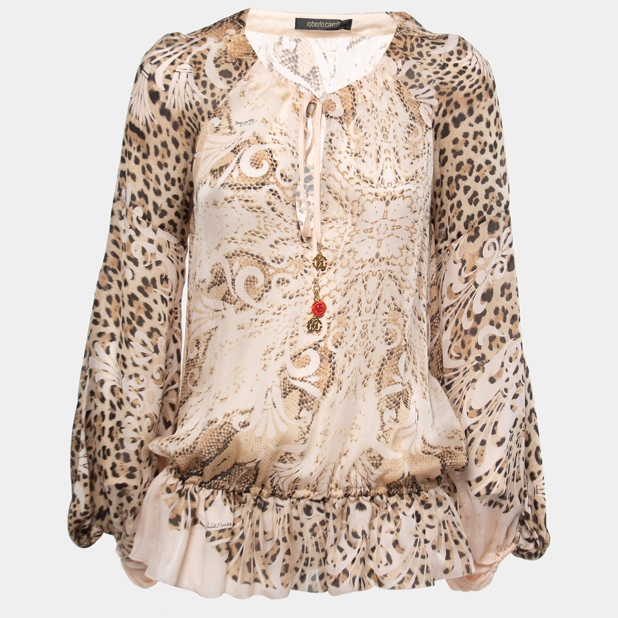 Pre Owned Roberto Cavalli Beige Animal Printed Silk Tie Front Blouse M