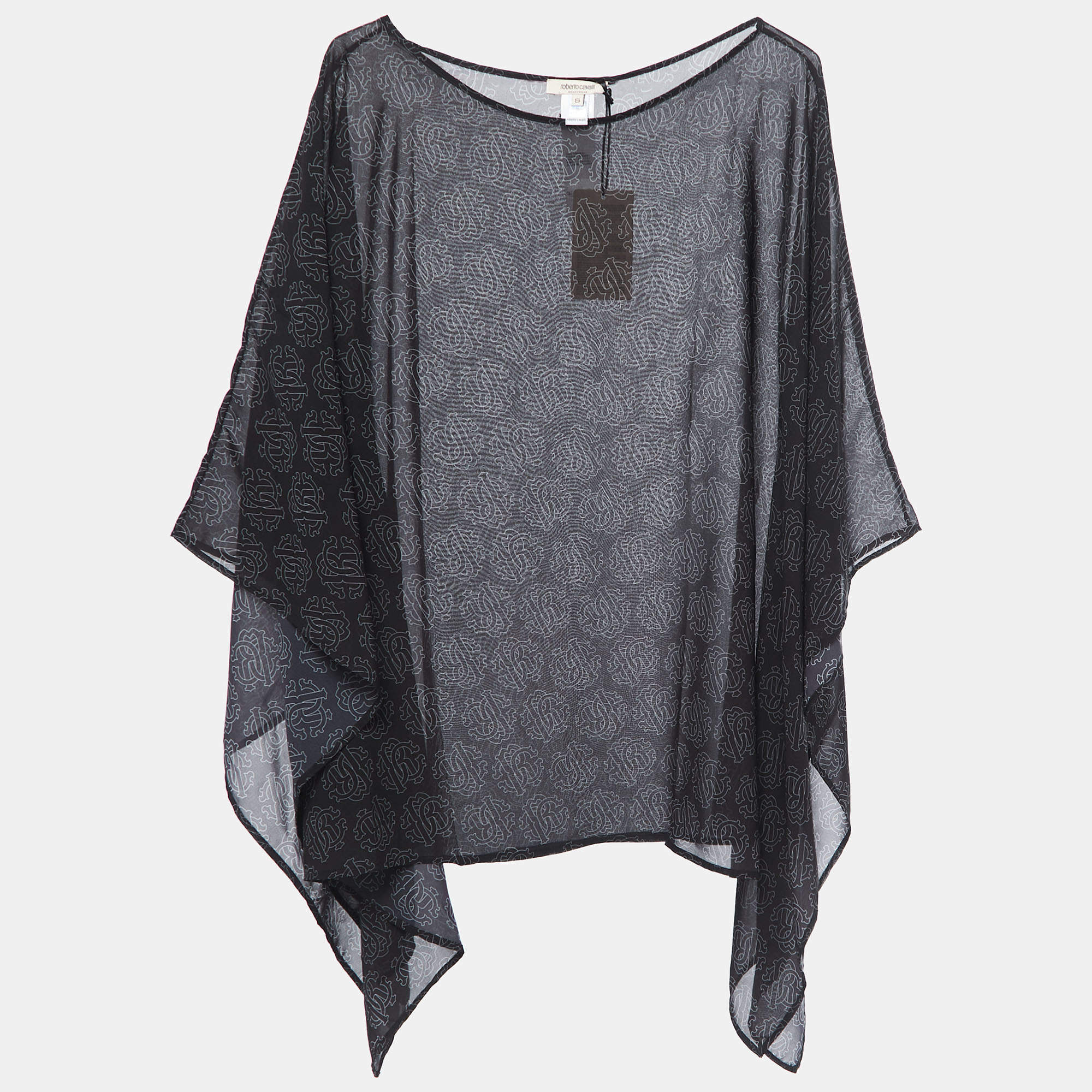 Pre Owned Roberto Cavalli Black Logo Printed Kaftan Top S