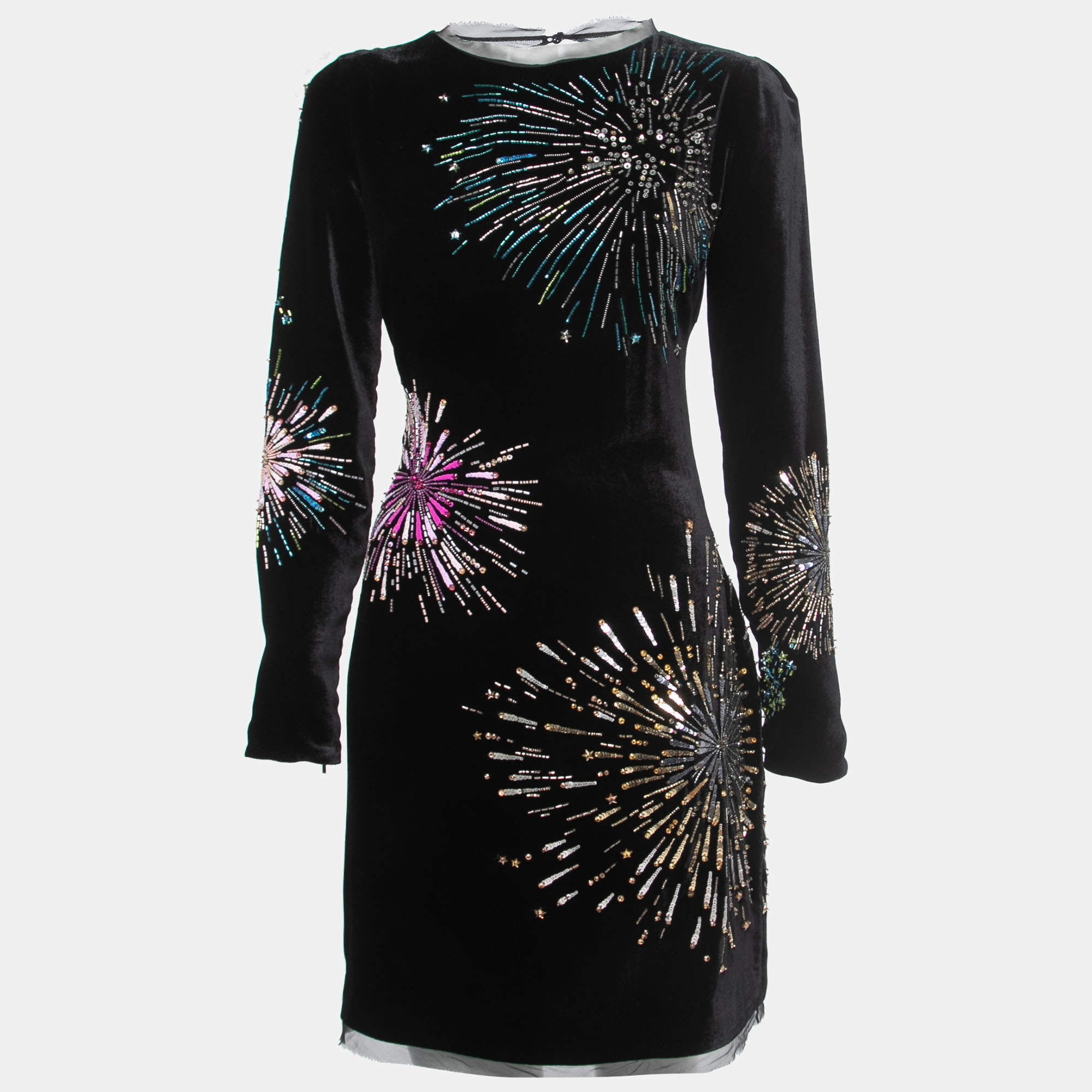 Pre Owned Roberto Cavalli Black Firework Embellished Velvet Mini Dress M