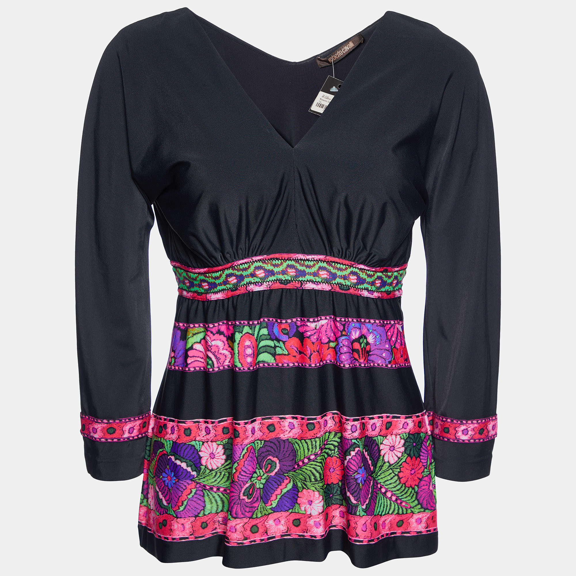 Pre Owned توب روبيرتو كافالي جيرسي مطبوع أزهار سوداء ياقة V مقاس كبير - لارج