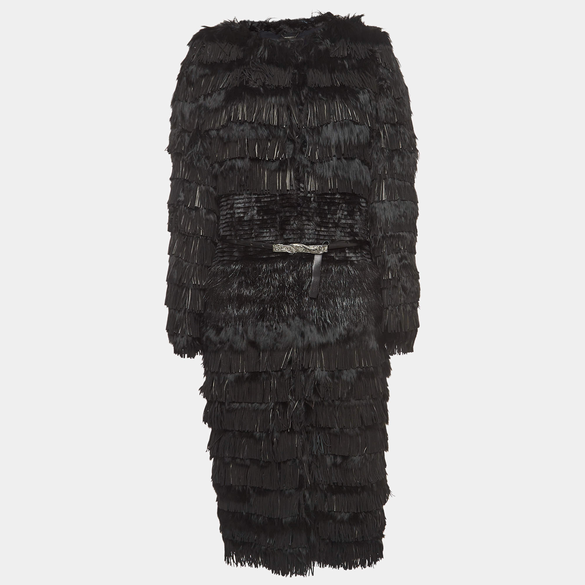 Pre Owned Roberto Cavalli Black Fur Fringed Belted Long Coat L