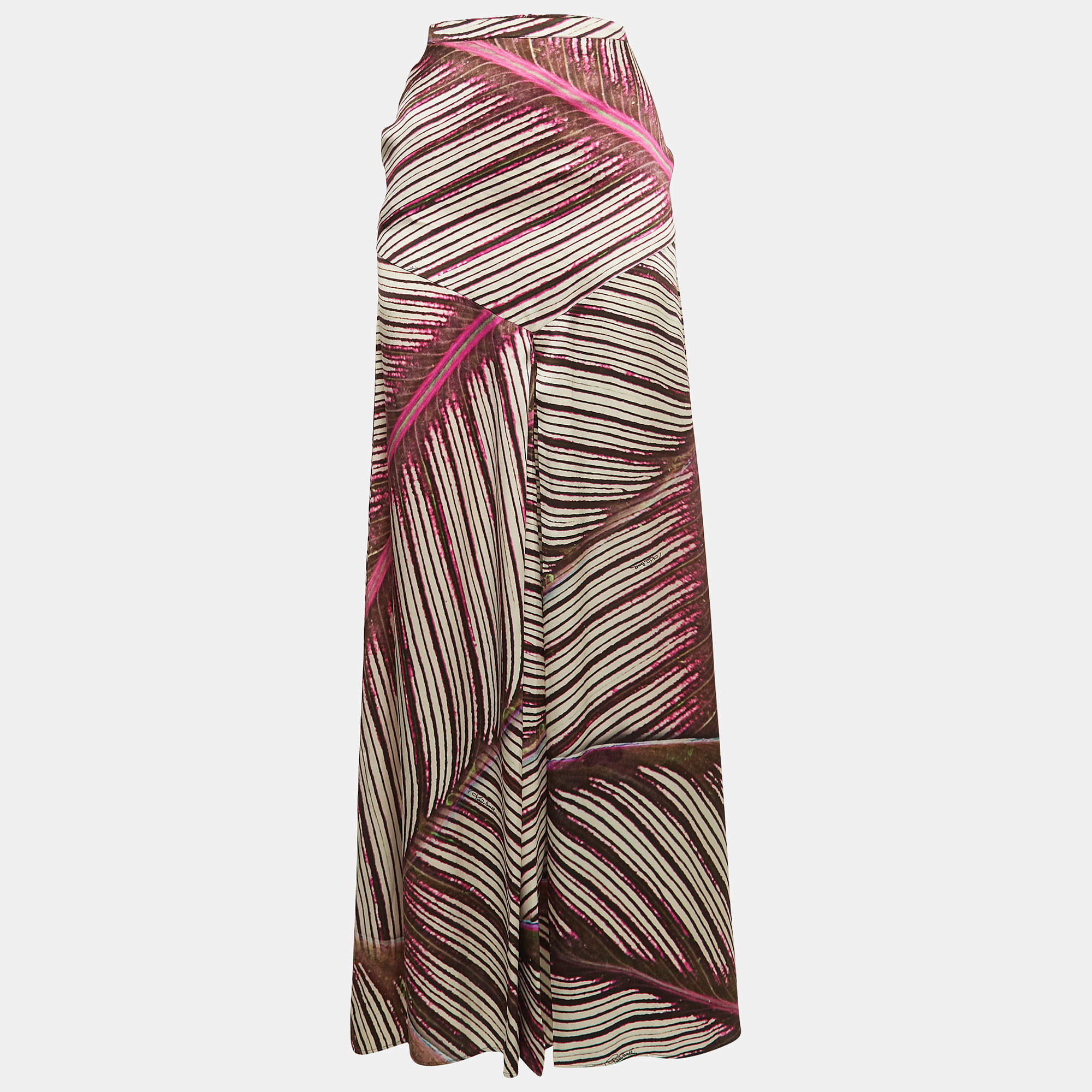 Pre Owned Roberto Cavalli Pink Printed Satin Silk Flared Maxi Skirt S