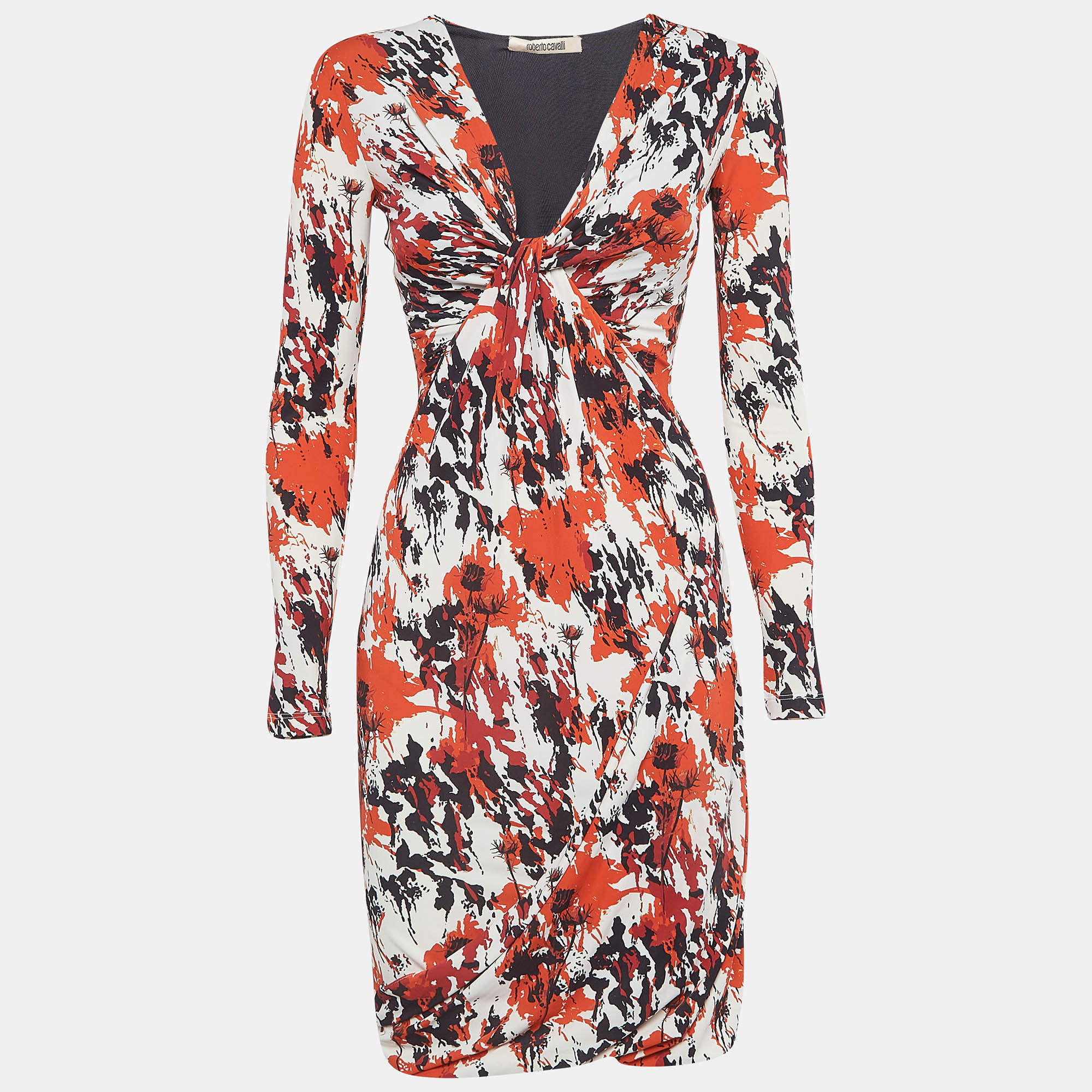 Pre Owned Roberto Cavalli Multicolor Abstract Print Jersey Draped Midi Dress S
