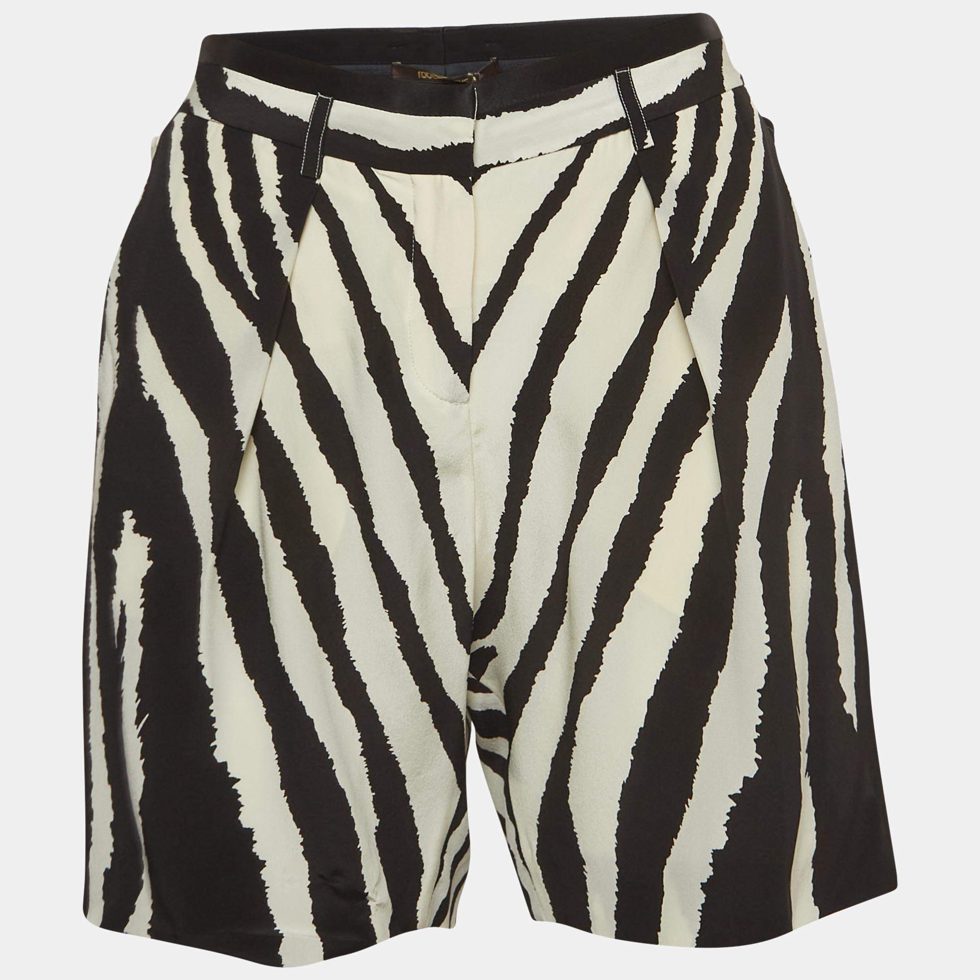 Pre Owned Roberto Cavalli Black/White Zebra Print Silk Pleated Shorts M