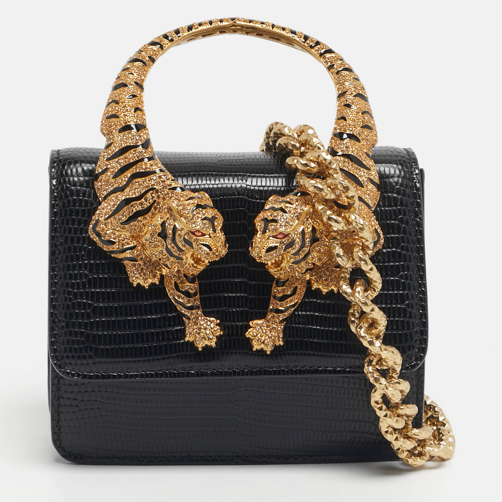 Pre Owned Roberto Cavalli Black Lizard Embossed Leather Small Roar Top Handle Bag