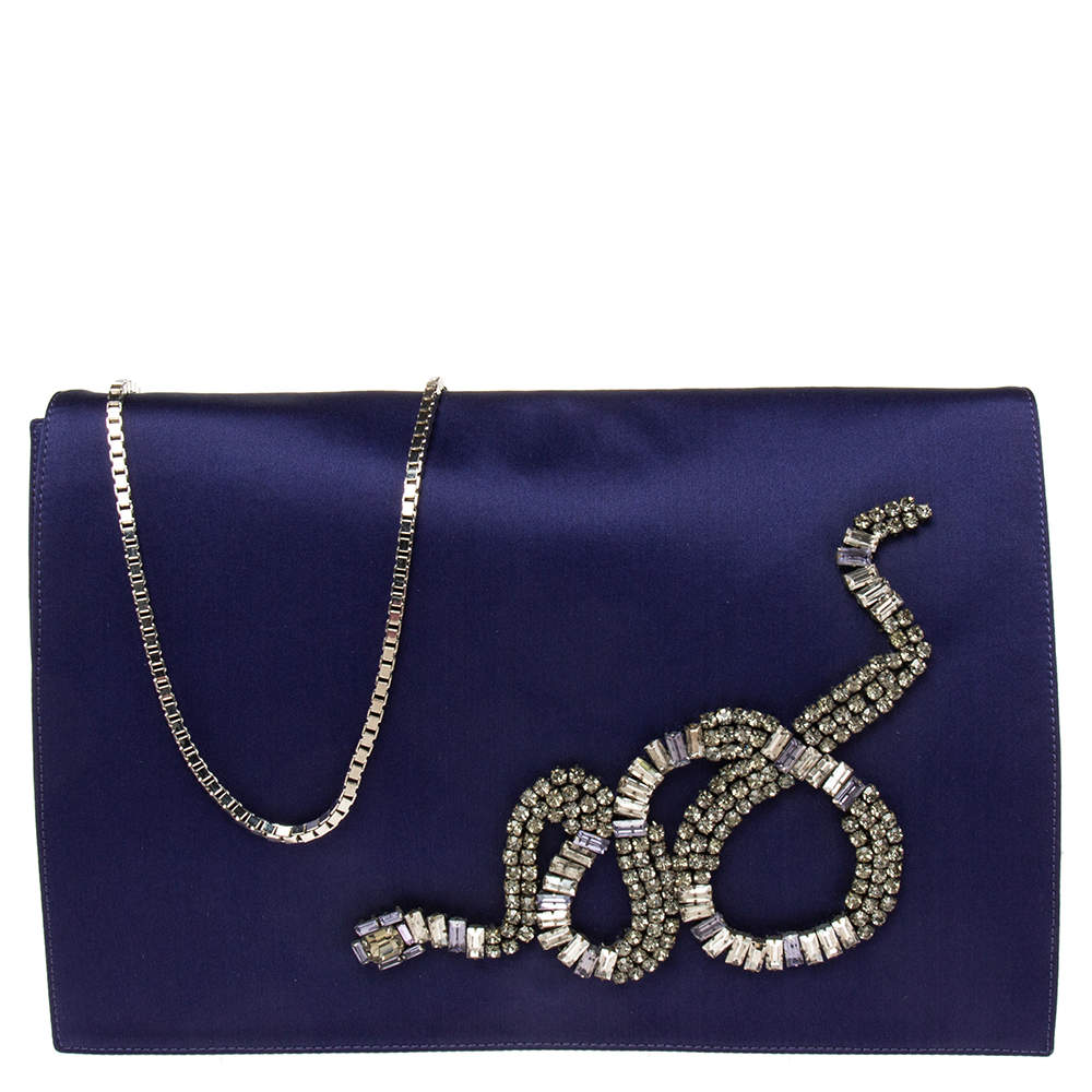 مملوكة مسبقًا Roberto Cavalli Blue Satin Embellished Chain Clutch