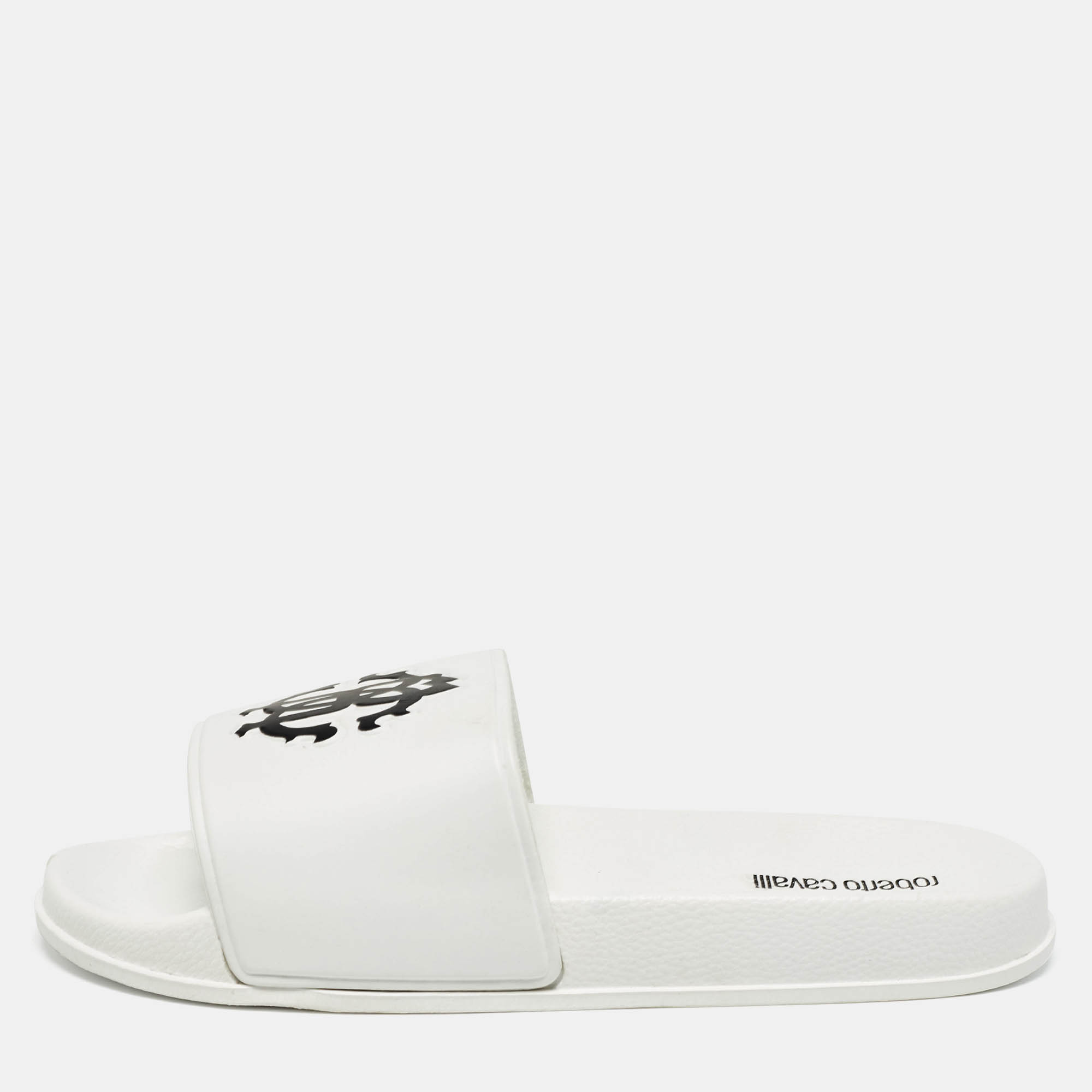 Pre Owned Roberto Cavalli White Rubber Flat Slides Size 42