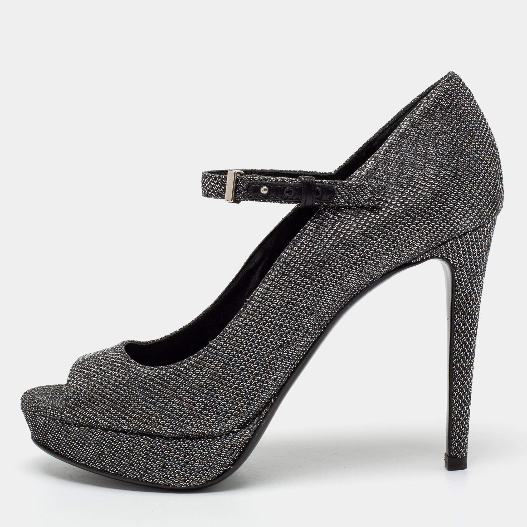 Pre Owned Roberto Cavalli Metallic Silver/Black Glitter Peep Toe Platform Pumps Size 36.5
