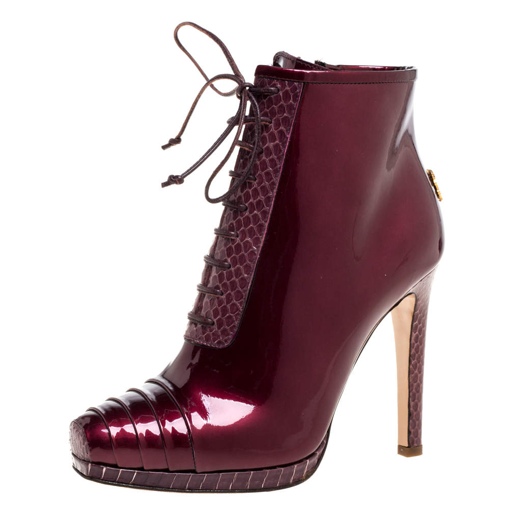 مملوكة مسبقًا Roberto Cavalli Maroon Patent Leather and Python Embossed Leather Lace Up Ankle Boots Size 37