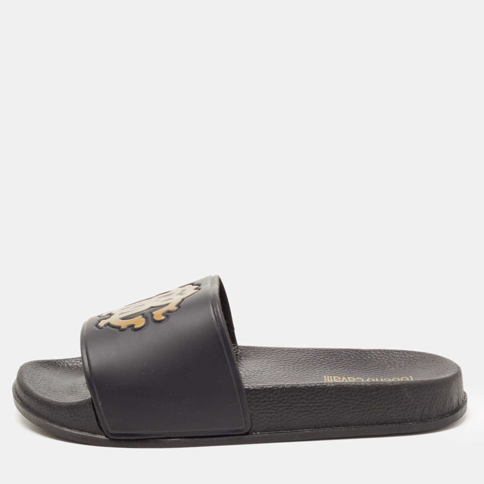 Pre Owned Roberto Cavalli Black Rubber Flat Slides Size 38