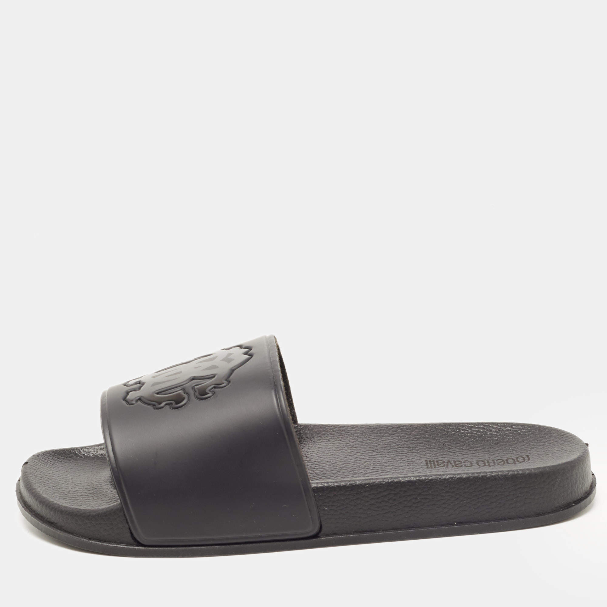 مملوكة مسبقًا Roberto Cavalli Black Rubber Flat Slides Size 42