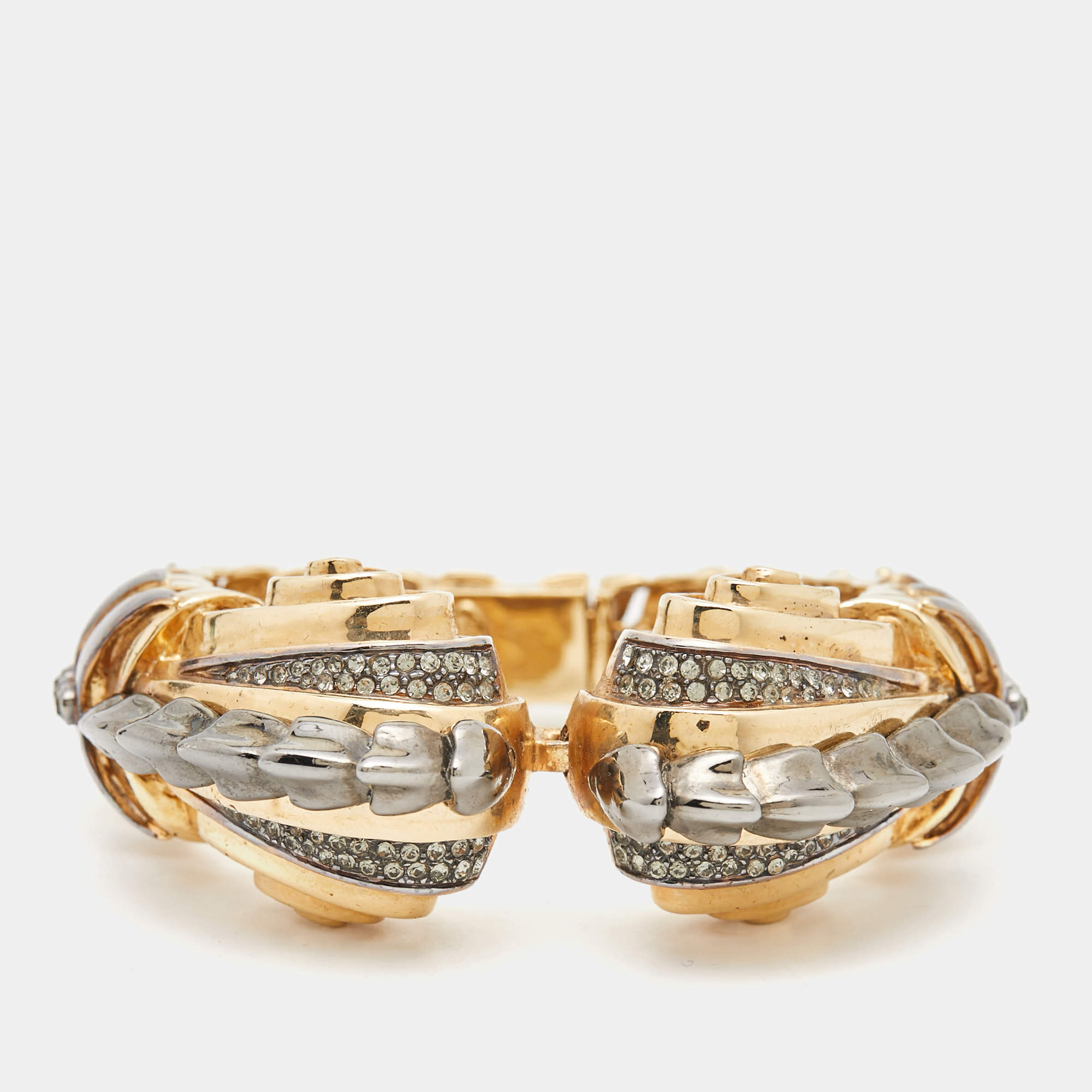 Pre Owned Roberto Cavalli Crystals Two Tone Metal Cuff Bracelet