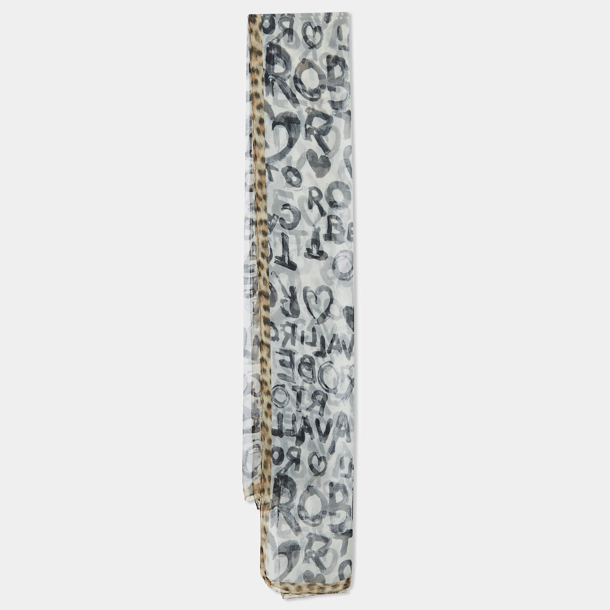 Pre Owned Roberto Cavalli Brown Logo and Leopard Print Silk Stole 