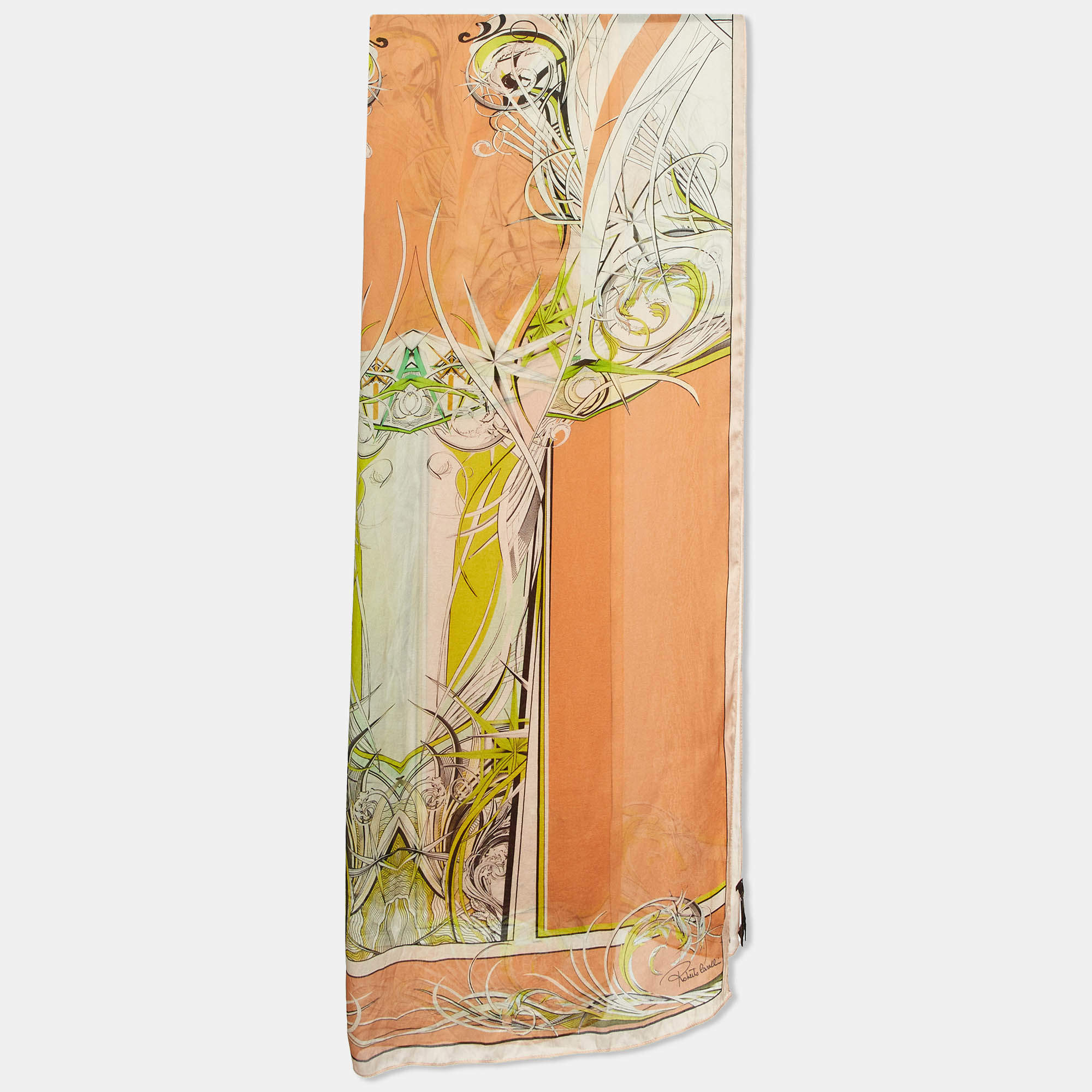 Pre Owned Roberto Cavalli Orange Printed Silk Chiffon Stole 