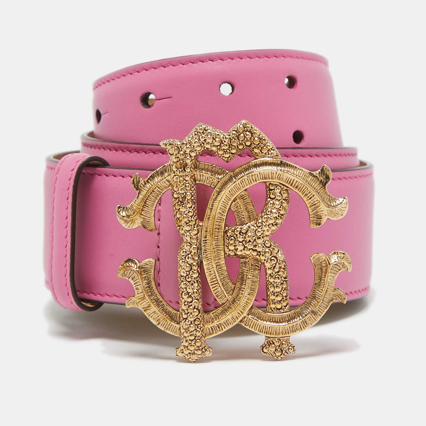 Pre Owned Roberto Cavalli Pink Leather RC Logo Buckle Belt 100CM