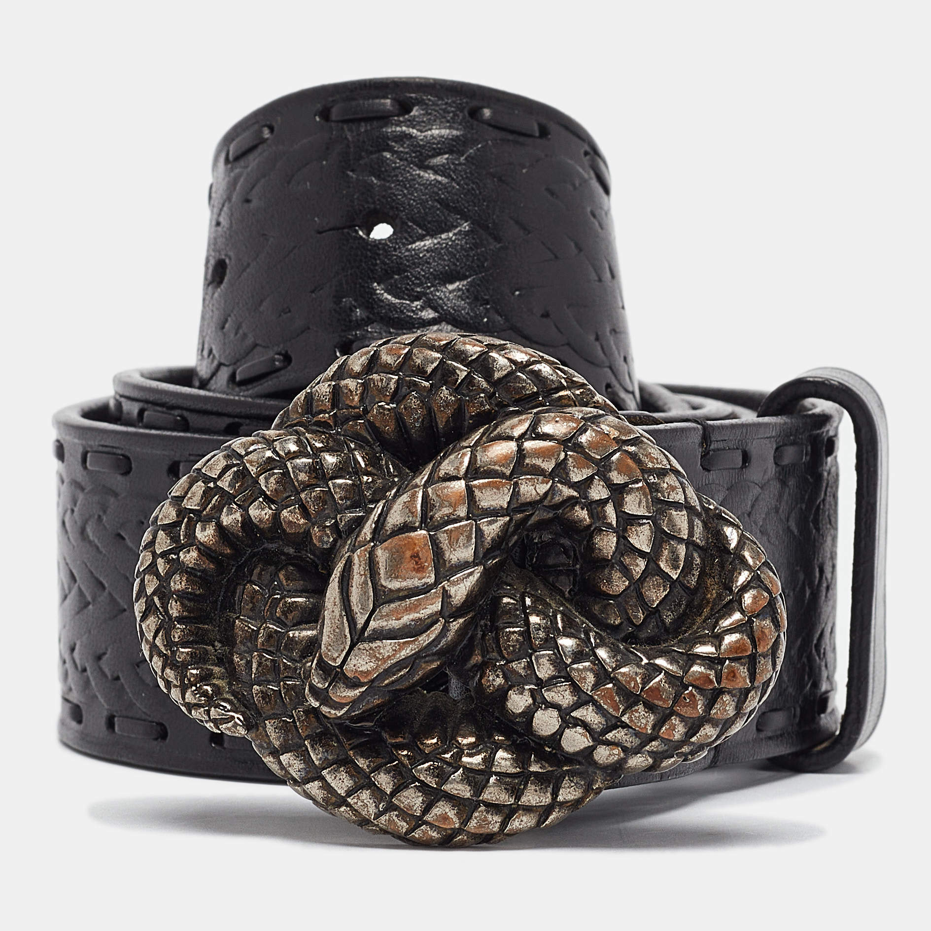 Pre Owned Roberto Cavalli Black Leather Snake Buckle Belt 110CM