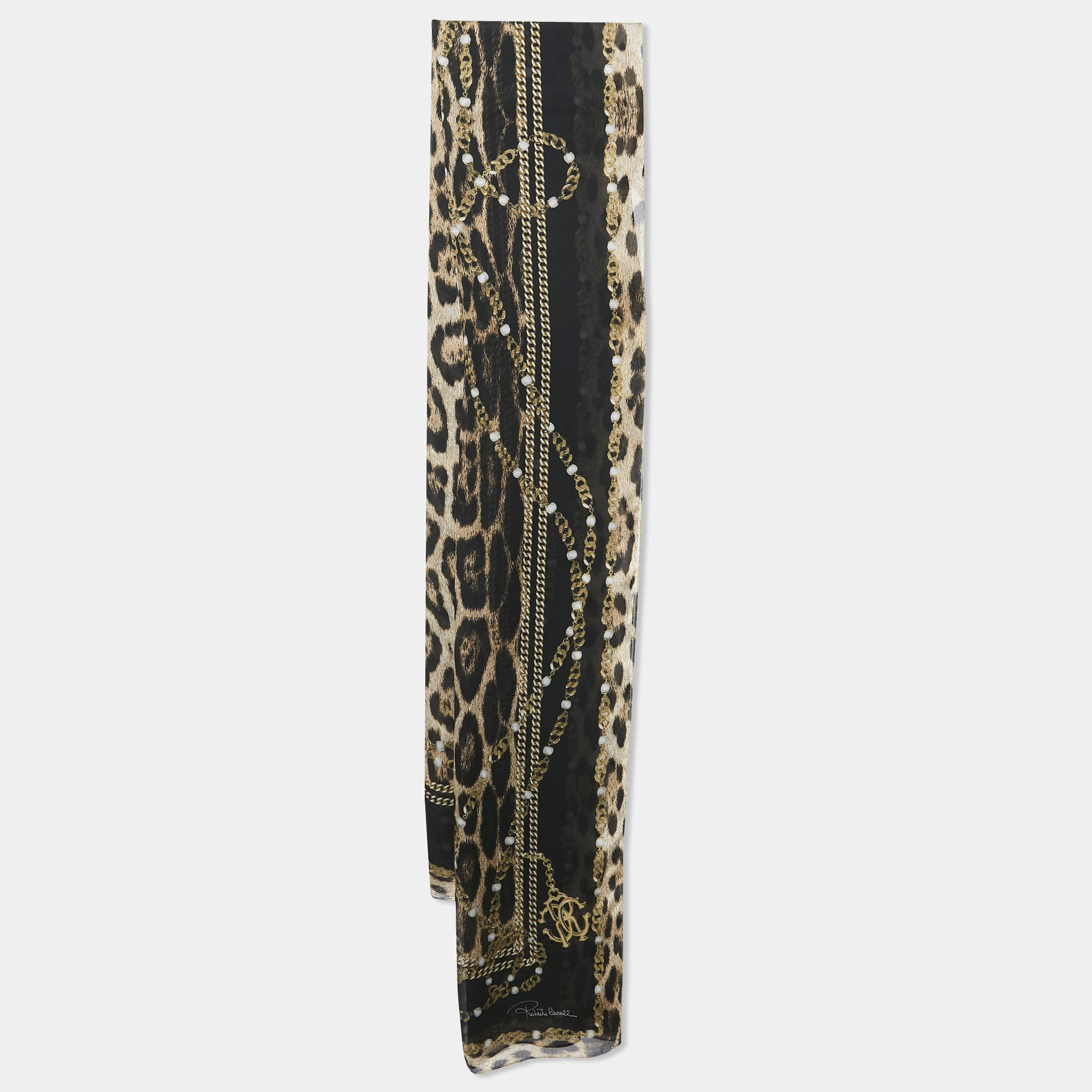 Roberto Cavalli Brown Chain/Leopard Print Silk Scarf