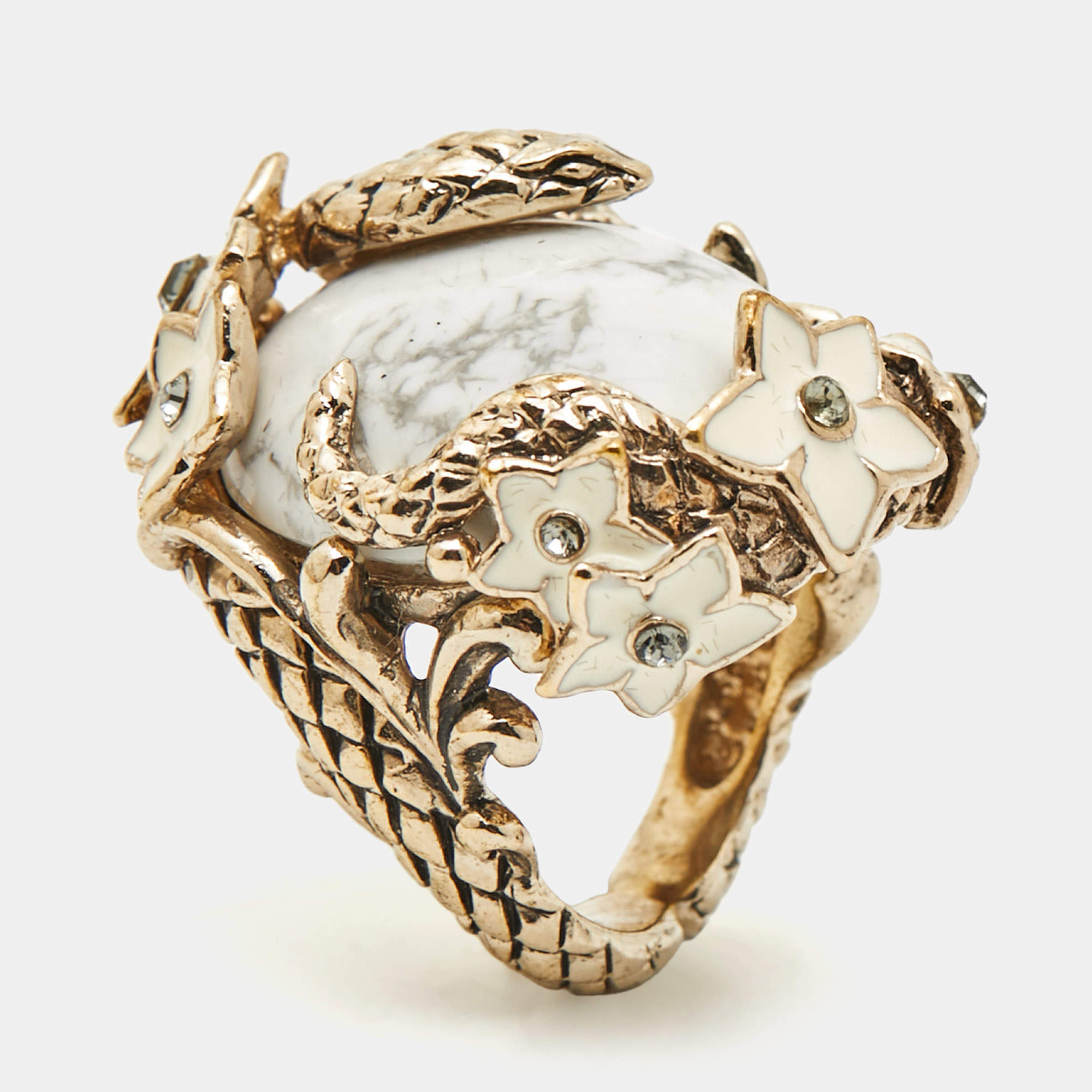 Pre Owned Roberto Cavalli Enamel Crystal Gold Tone Serpenti Ring Size 52