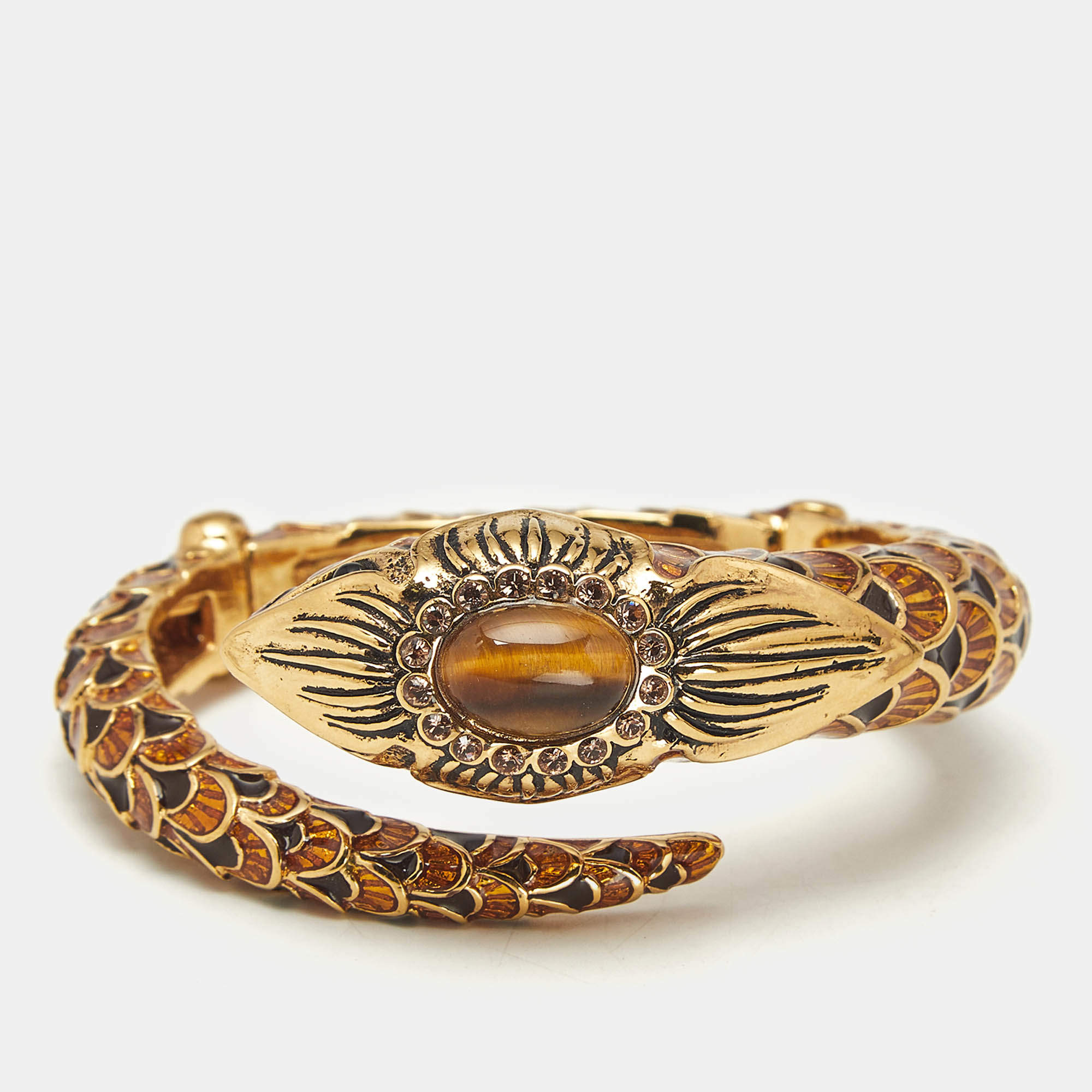 Pre Owned Roberto Cavalli Serpent Head Enamel Gold Tone Detailed Open Cuff Bracelet