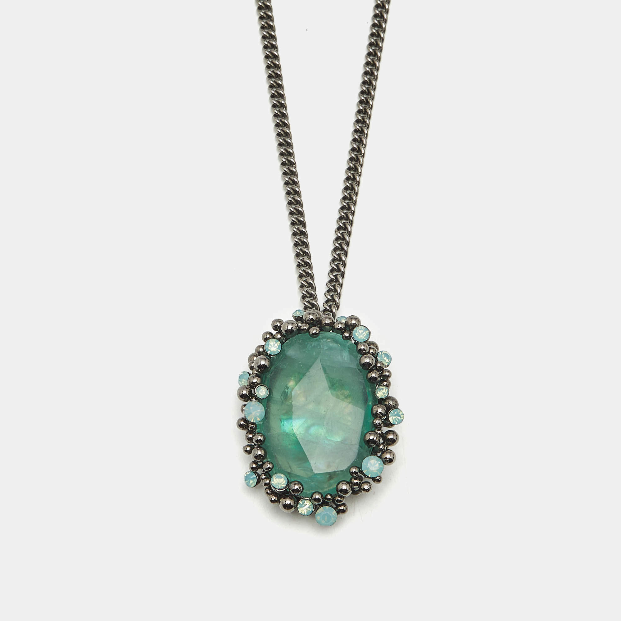 مملوكة مسبقًا Roberto Cavalli Green Crystal Gunmetal Tone Pendant Necklace 