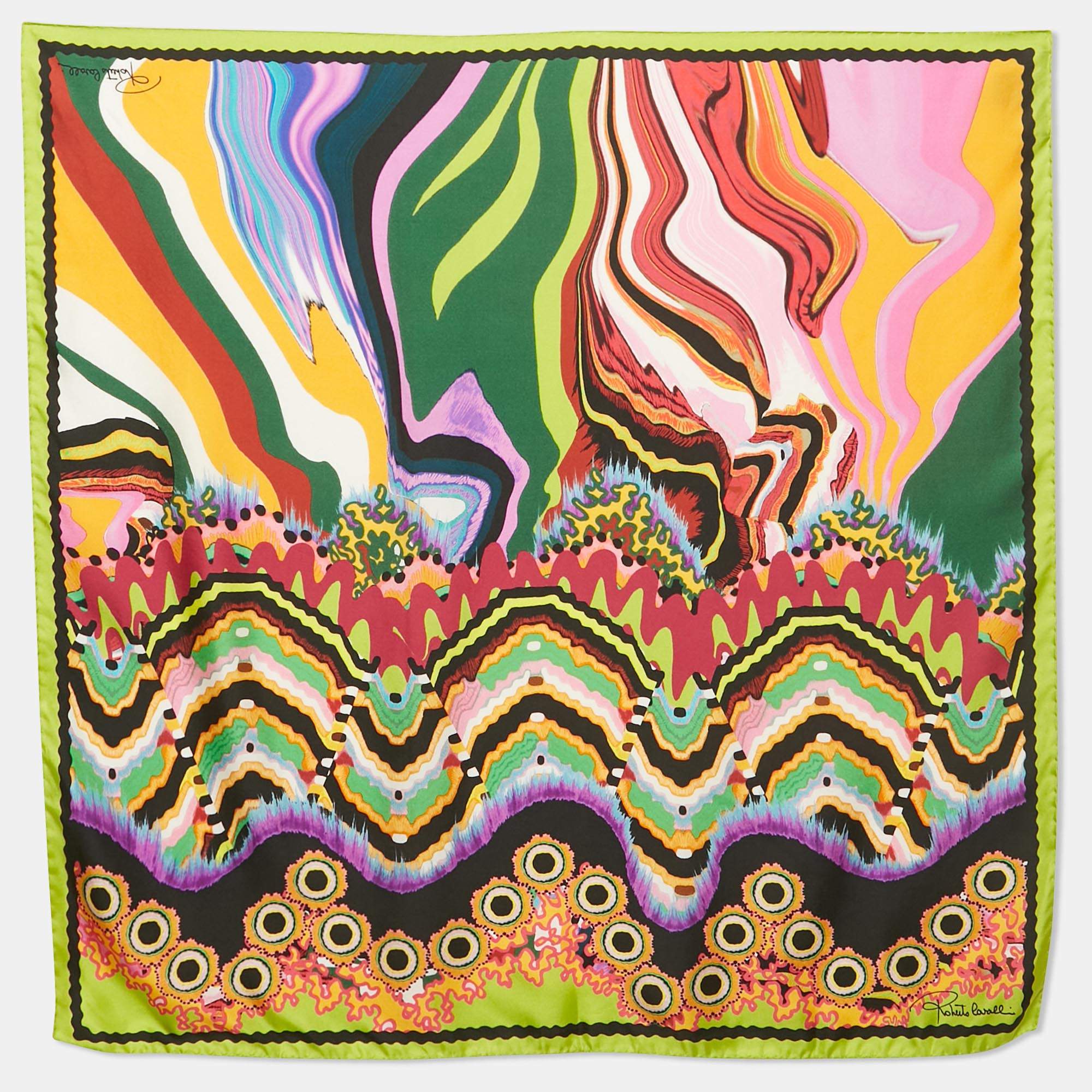 مملوكة مسبقًا Roberto Cavalli Green/Pink Printed Silk Scarf