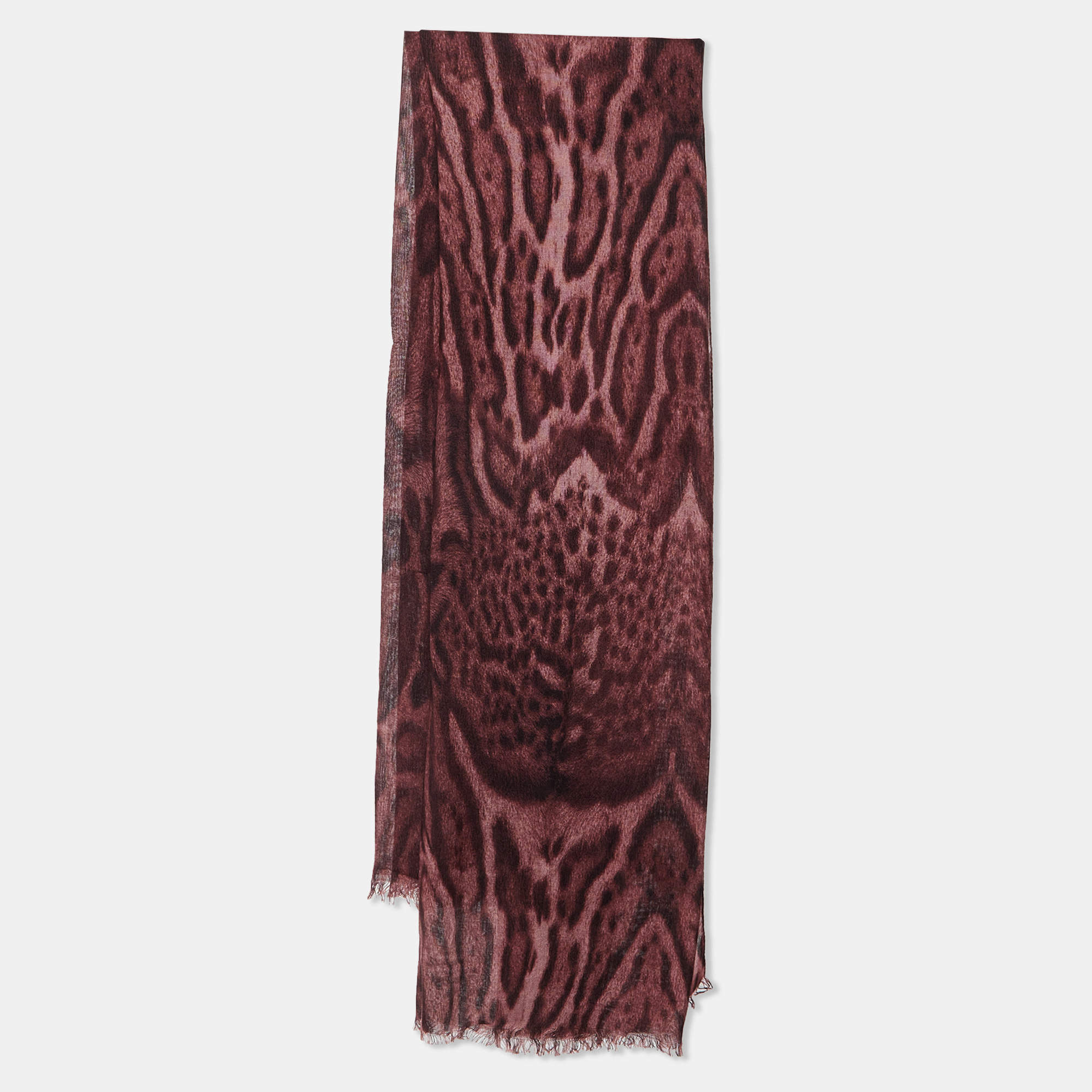 Pre Owned Roberto Cavalli Burgundy Animal Print Modal & Cashmere Scarf