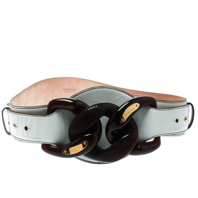 Roberto Cavalli White Leather Wide Belt Size 80 CM