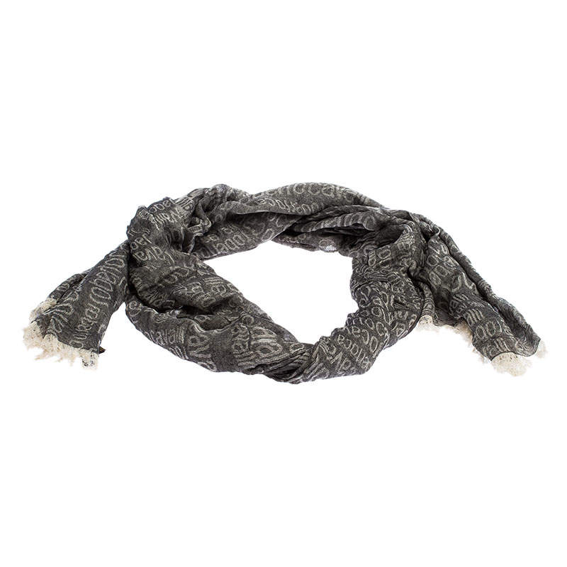 Roberto Cavalli Grey Monogram Pattern Knit Fringe Edge Scarf